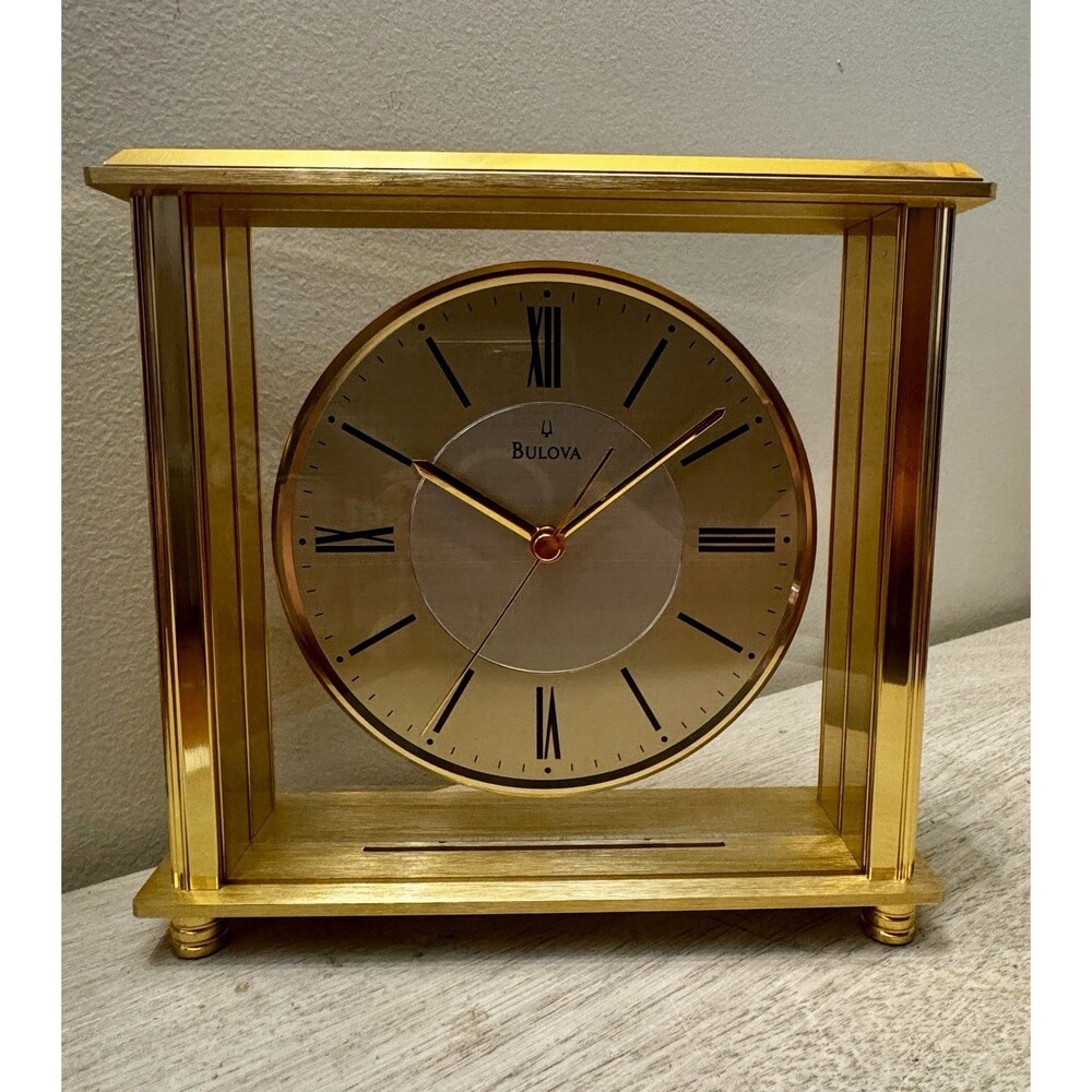 NIB Bulova B1700 Grand Prix Glass Mantel Desk Clock Gold Tone New In Box